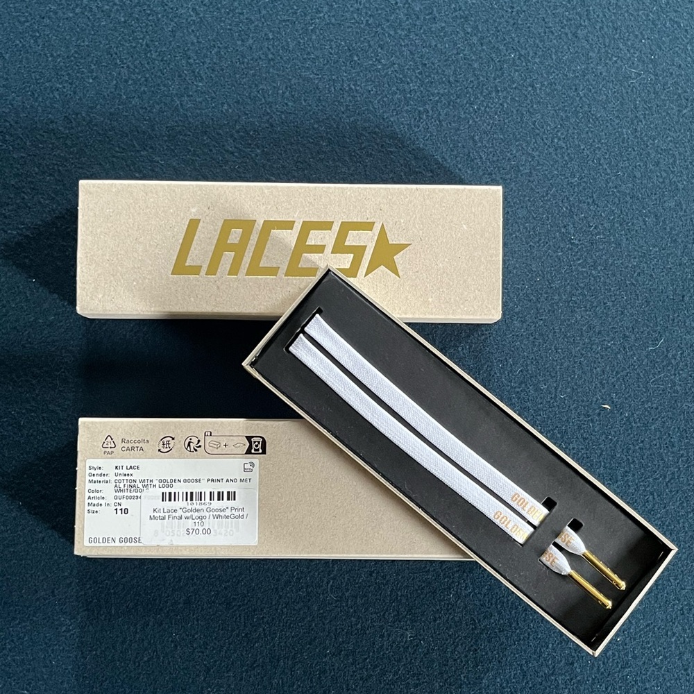 Golden Goose White Laces with Gold Finials and gold printed logo. New in Box